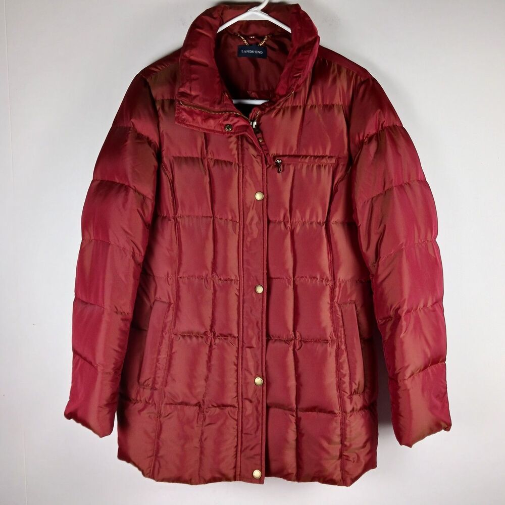 Lands End Women's Size S Red Shimmer Down Quilted Winter Coat  Zip Warm No Hood